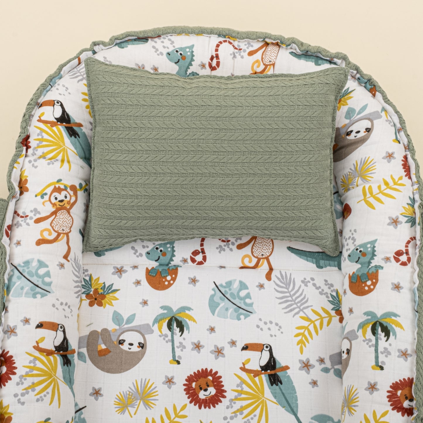 Babynest ve Yastık - Çift Taraflı - Koyu Yeşil Örgü - Hayvanat Bahçesi