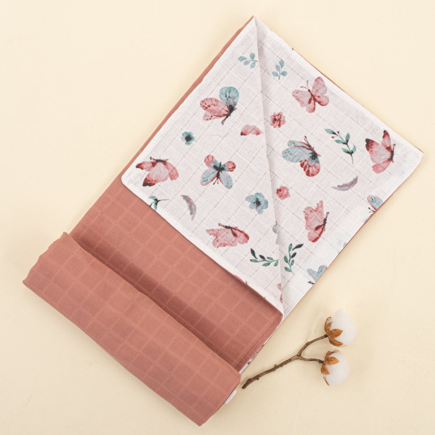 Çift Taraflı Muslin Örtü - Gül Kurusu Muslin - Kelebekler