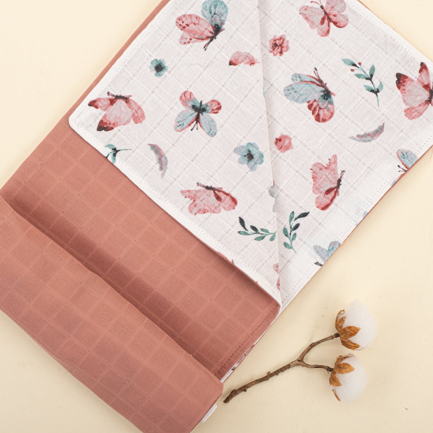 Çift Taraflı Muslin Örtü - Gül Kurusu Muslin - Kelebekler