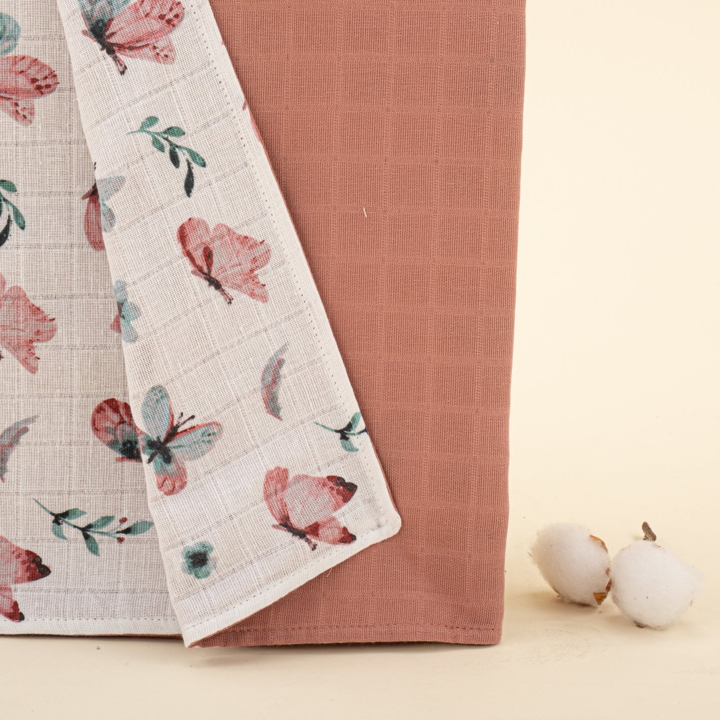 Çift Taraflı Muslin Örtü - Gül Kurusu Muslin - Kelebekler