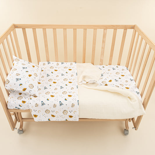 Bebek Muslin Nevresim Seti (Yorgan Kılıfı,Yastık Kılıfı,Lastikli Çarşaf) - Krem Muslin - Zoo