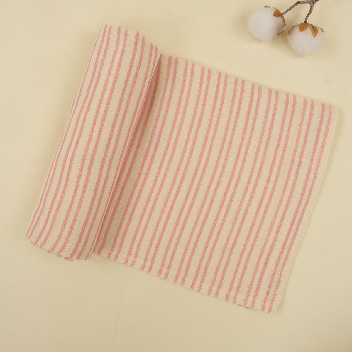3'lü Set - İki Katlı Müslin Örtü - Soft Çiçekler - Pembe Çizgili - Krem
