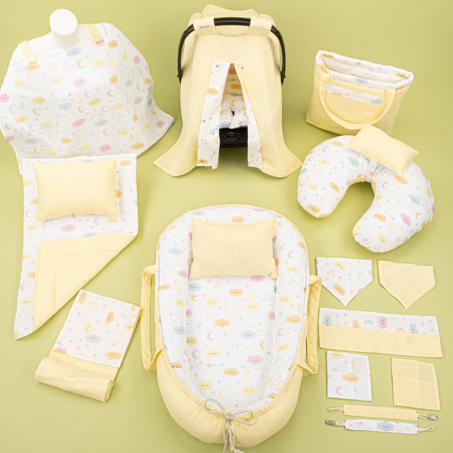 18 Parça Full Set - Çift Taraflı - Sarı Muslin - Sarı Bulut