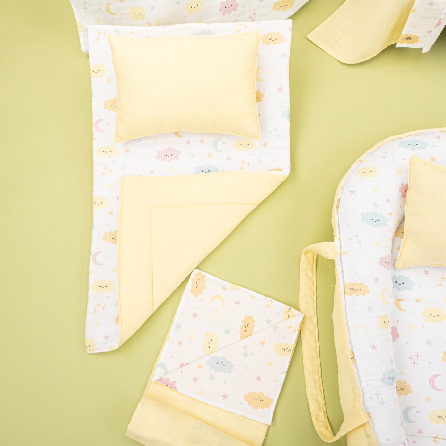 18 Parça Full Set - Çift Taraflı - Sarı Muslin - Sarı Bulut