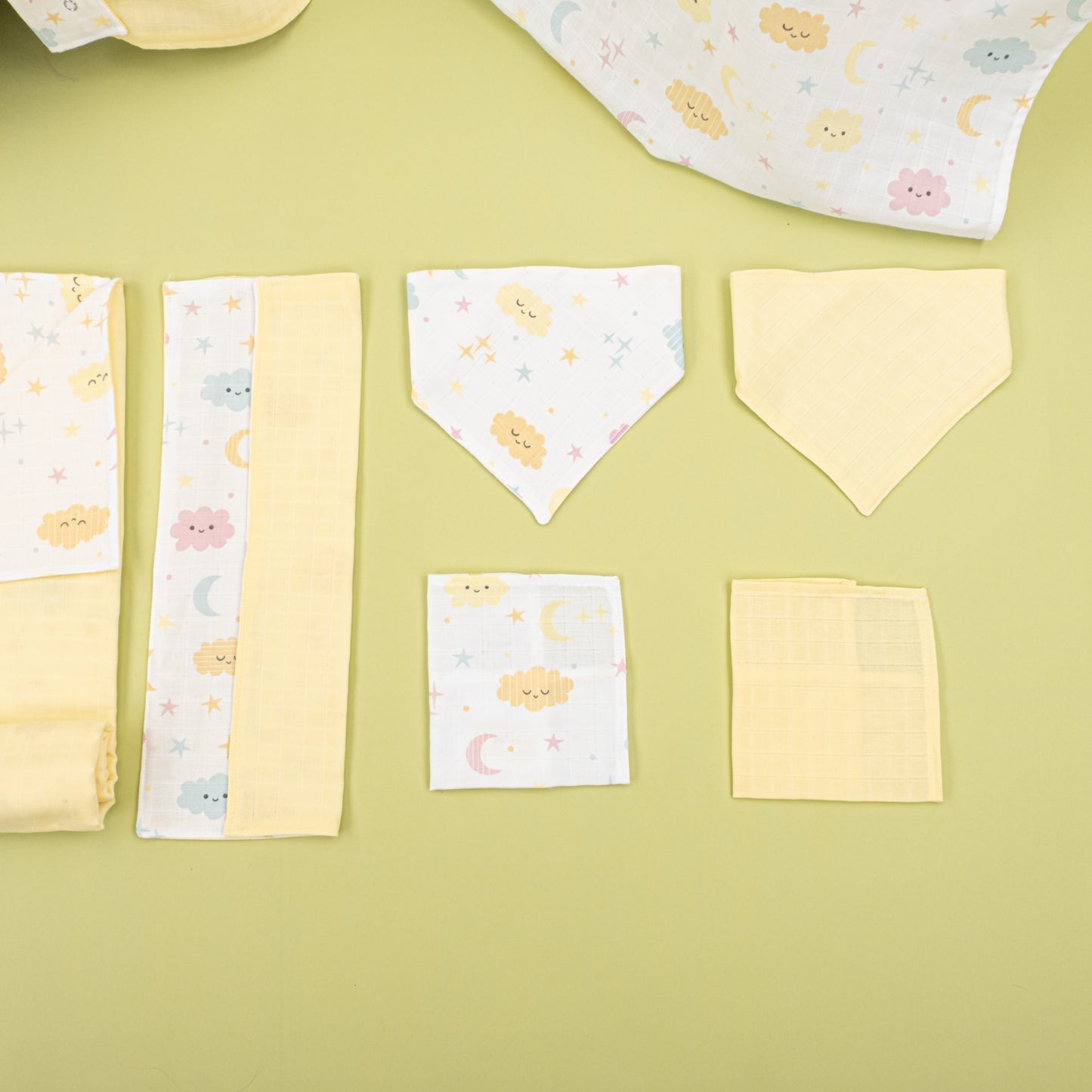 9 Parça Avantajlı Set - Çift Taraflı - Sarı Muslin - Sarı Bulut