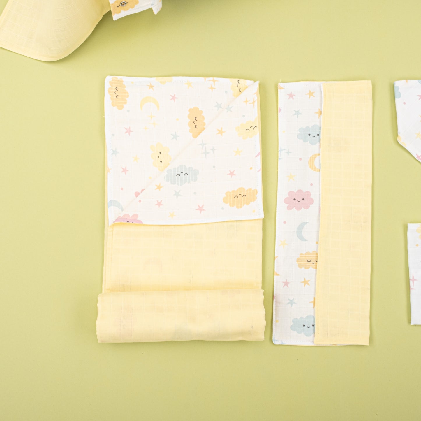 9 Parça Avantajlı Set - Çift Taraflı - Sarı Muslin - Sarı Bulut