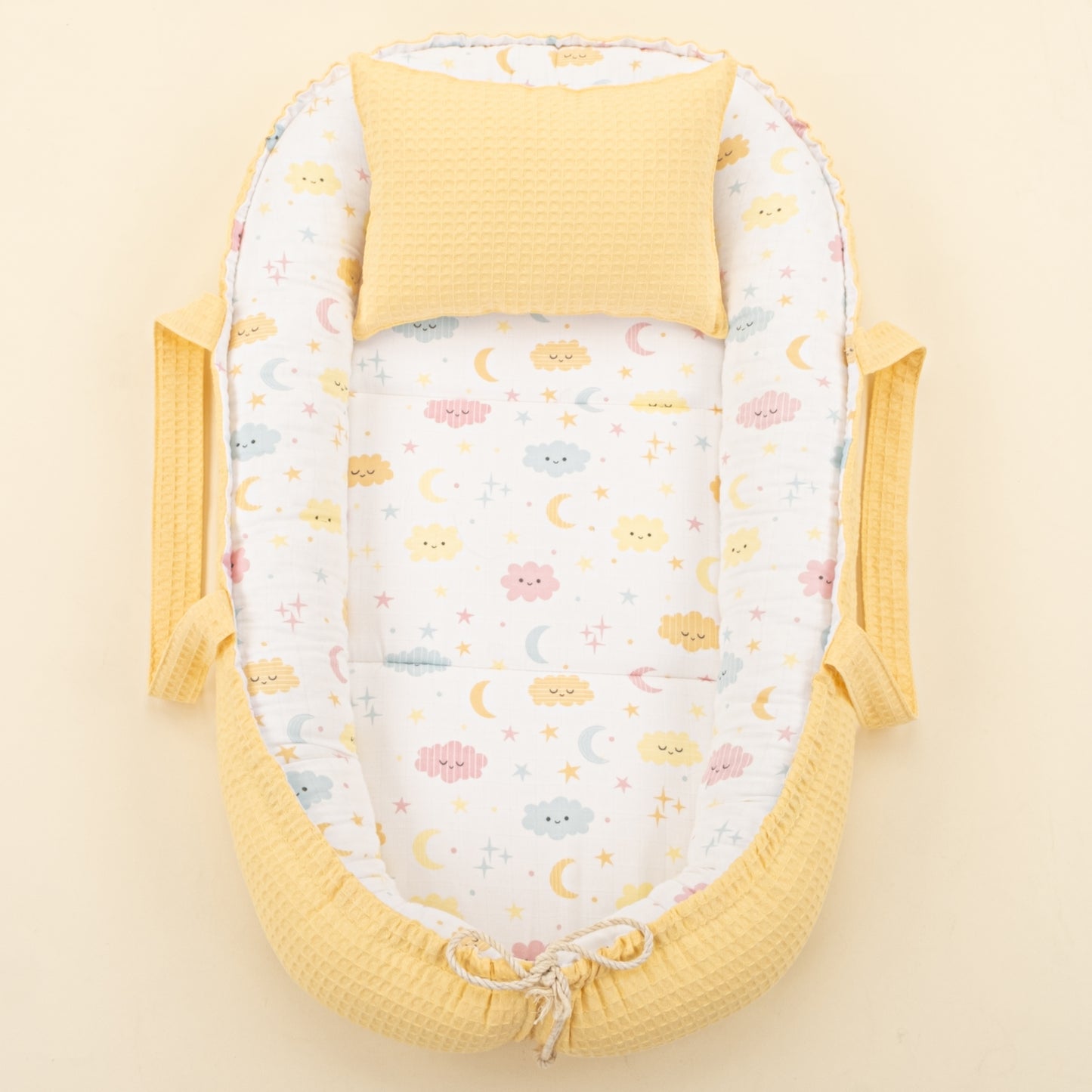 Babynest ve Yastık - Çift Taraflı - Sarı Petek - Sarı Bulut