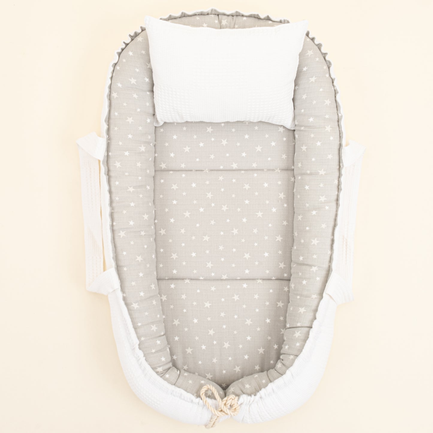 Babynest ve Yastık - Çift Taraflı - Beyaz Waffle - Gri Minik Yıldızlar