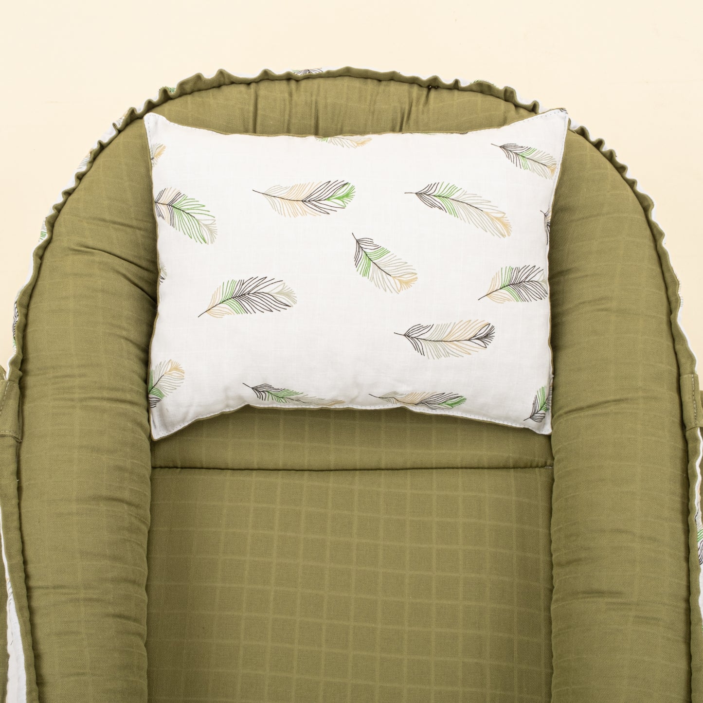 Babynest ve Yastık - Çift Taraflı - Koyu Fıstık Yeşili Muslin - Yeşil Tüy