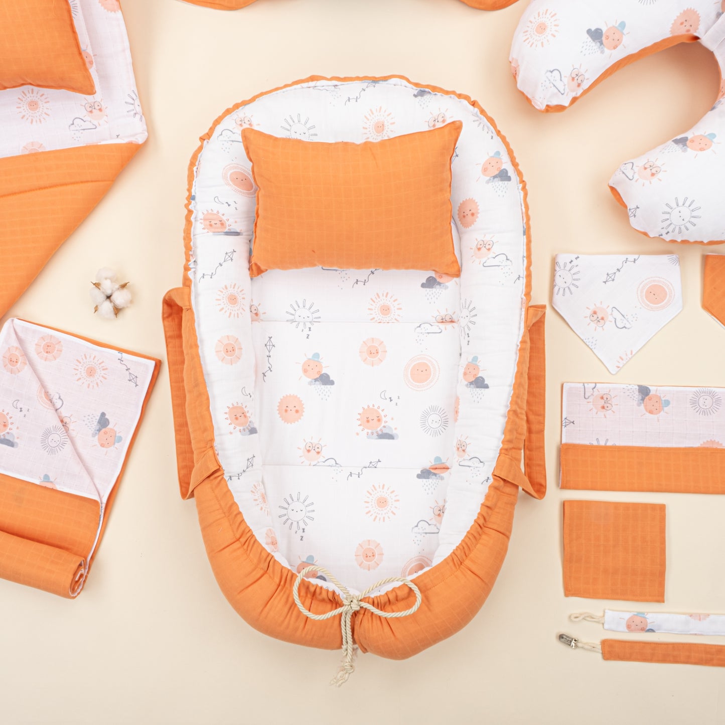 18 Parça Full Set - Çift Taraflı - Turuncu Muslin - Turuncu Güneş