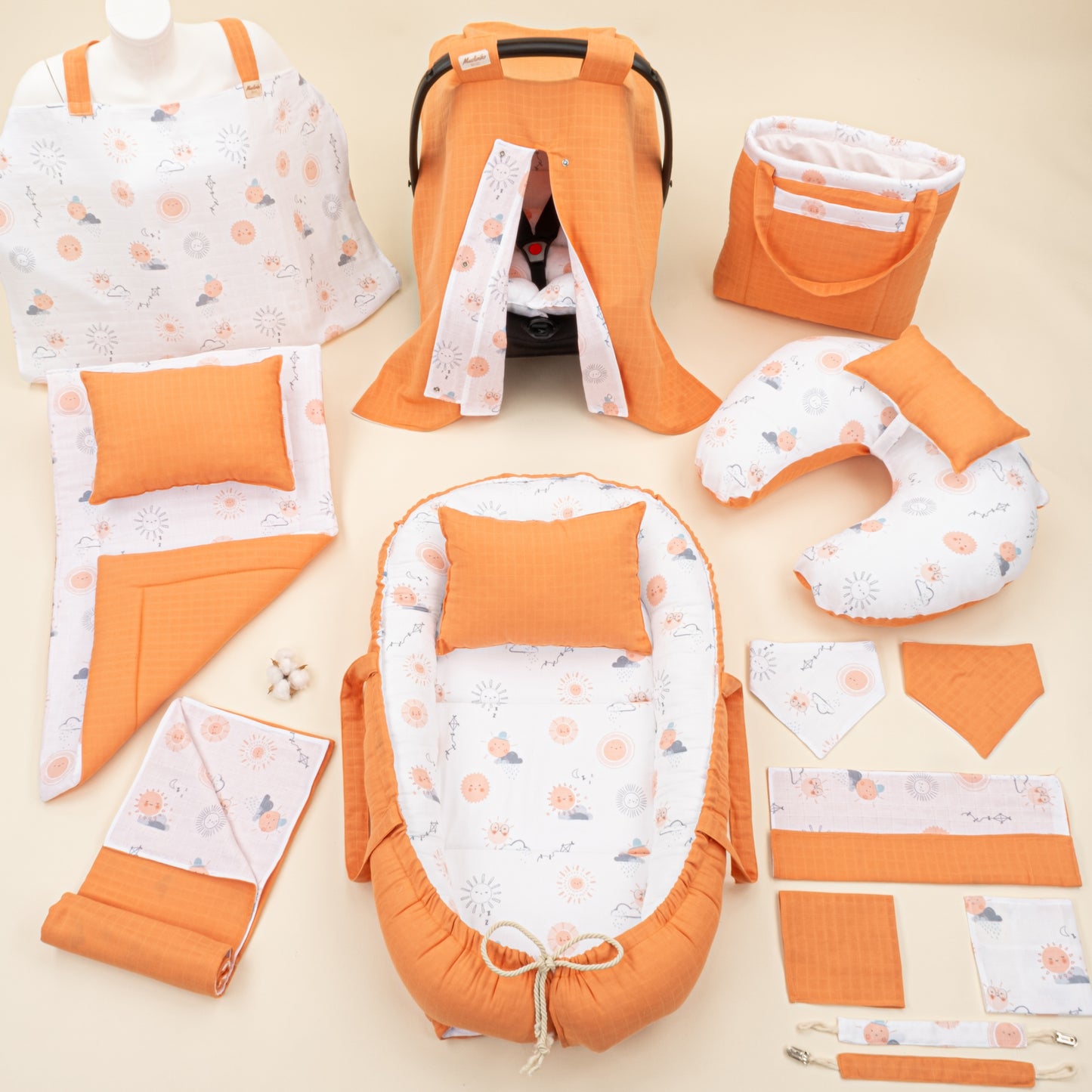 18 Parça Full Set - Çift Taraflı - Turuncu Muslin - Turuncu Güneş