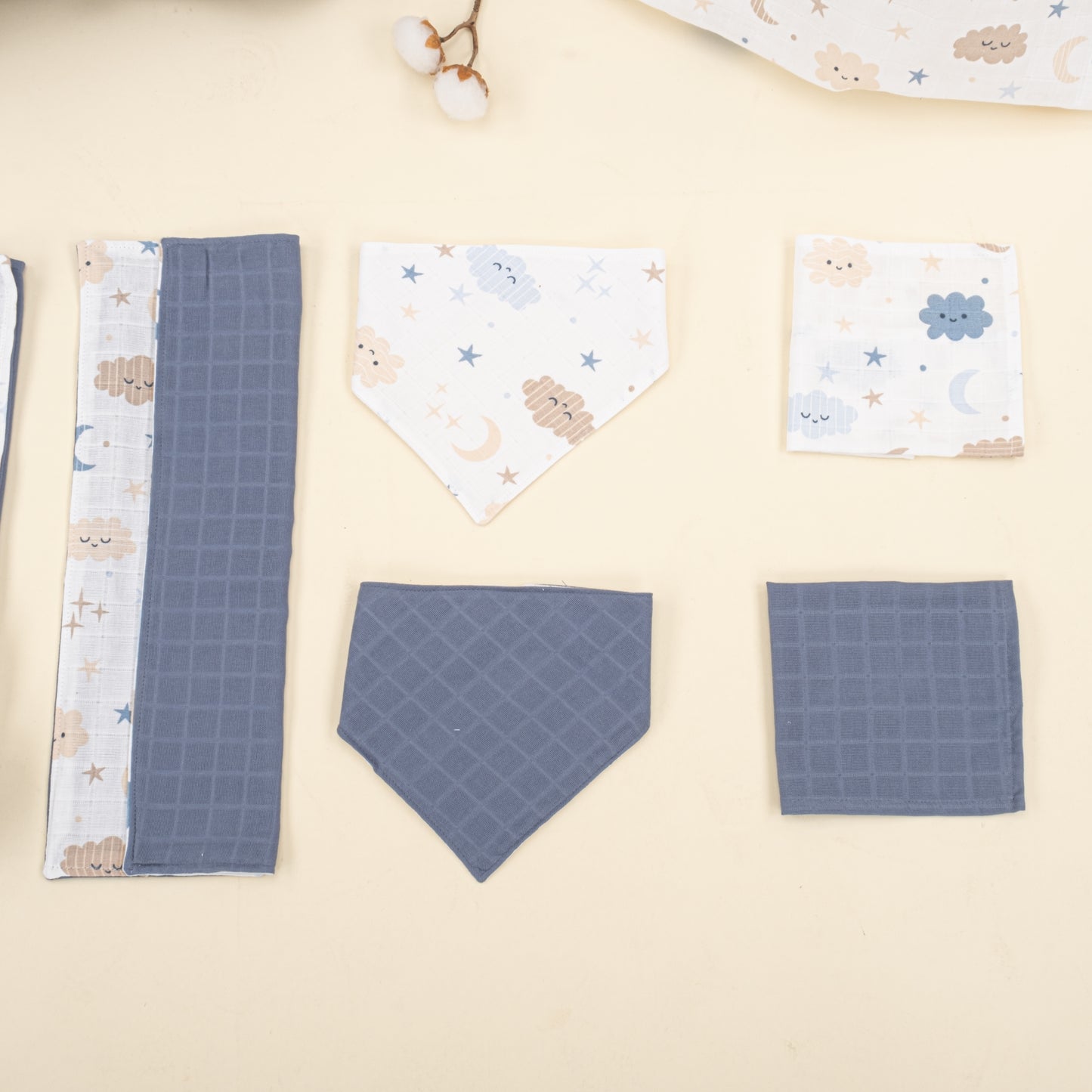 9 Parça Avantajlı Set - Çift Taraflı - İndigo Muslin - Mavi Bulut