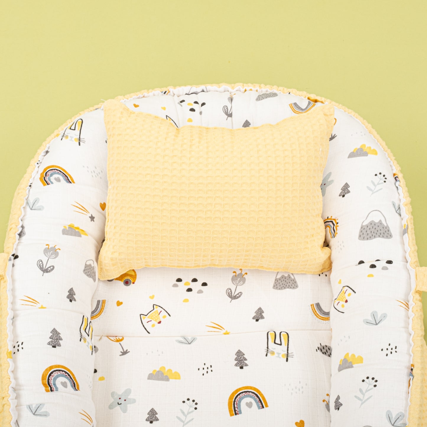 İndirimli Ürün - Çift Taraflı Babynest ve Yastık - Sarı Petek - Sarı Kedi
