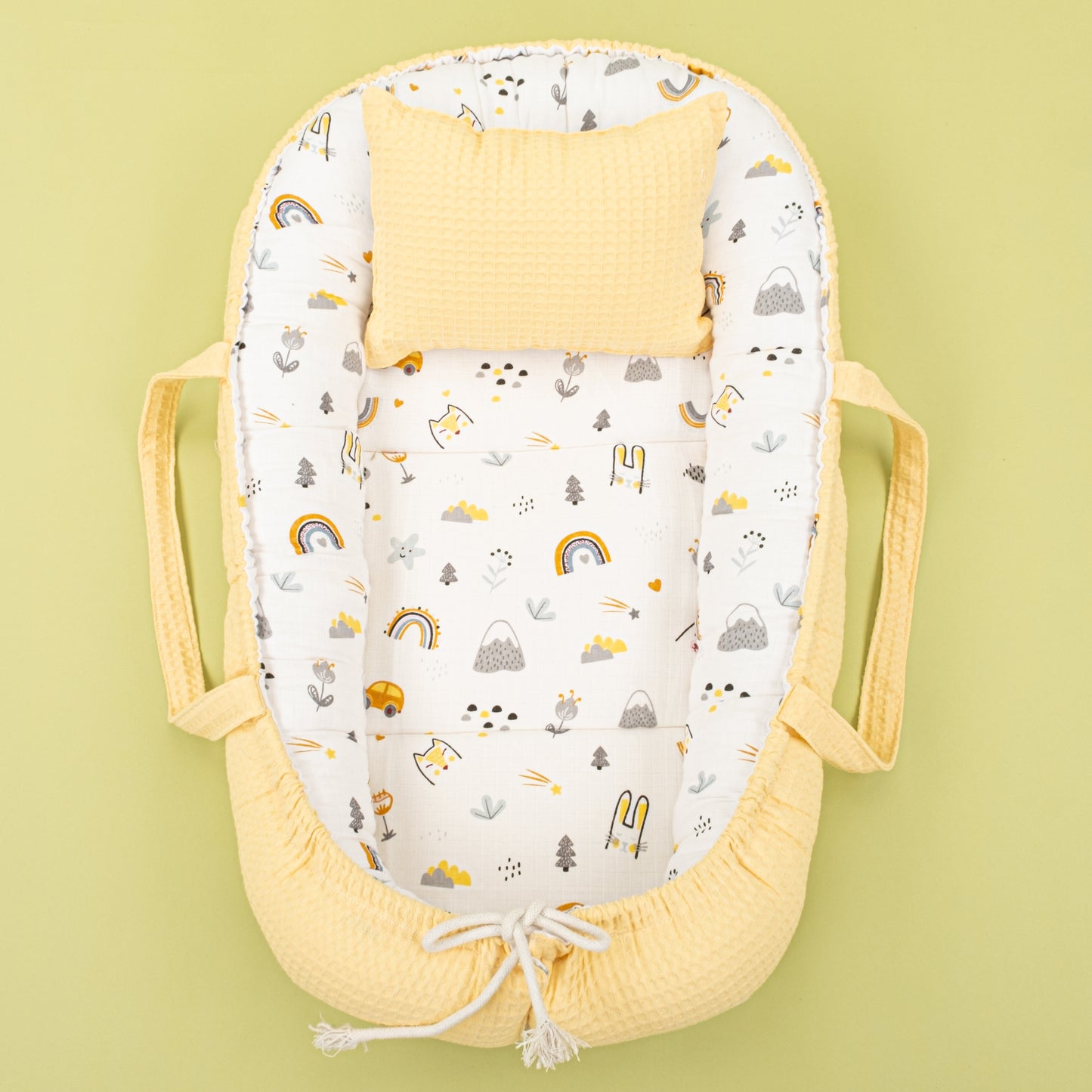 İndirimli Ürün - Çift Taraflı Babynest ve Yastık - Sarı Petek - Sarı Kedi