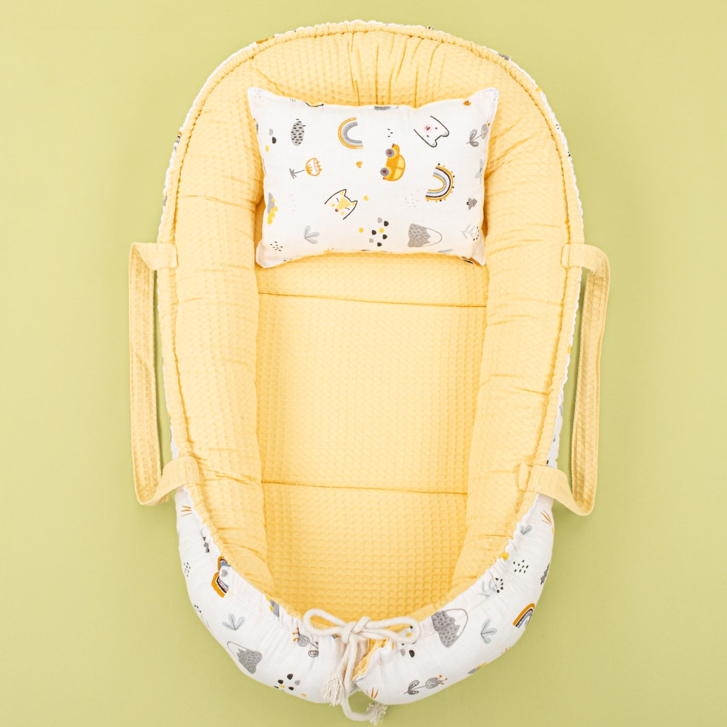 İndirimli Ürün - Çift Taraflı Babynest ve Yastık - Sarı Petek - Sarı Kedi