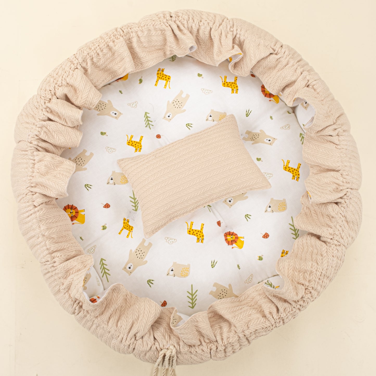 Yuvarlak Babynest ve Yastık - Çift Taraflı - Sütlü Kahve Örgü - Aslan