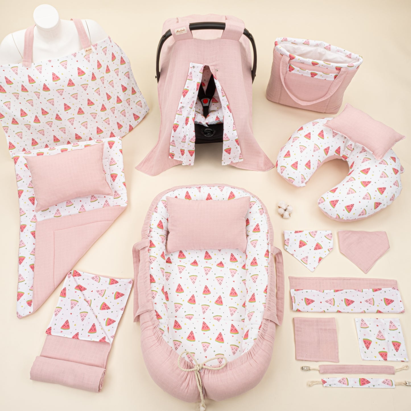 18 Parça Full Set - Çift Taraflı - Pudra Muslin - Karpuz
