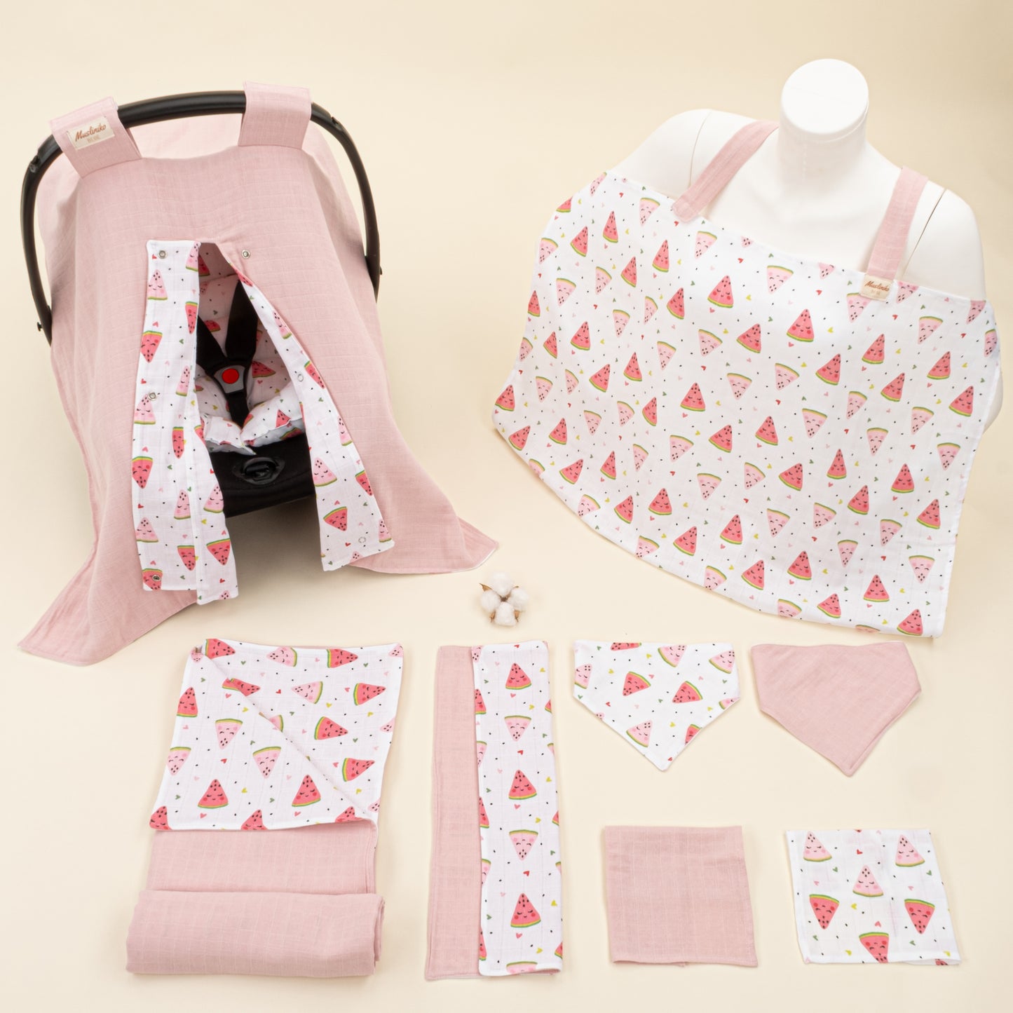 9 Parça Avantajlı Set - Çift Taraflı - Pudra Muslin - Karpuz