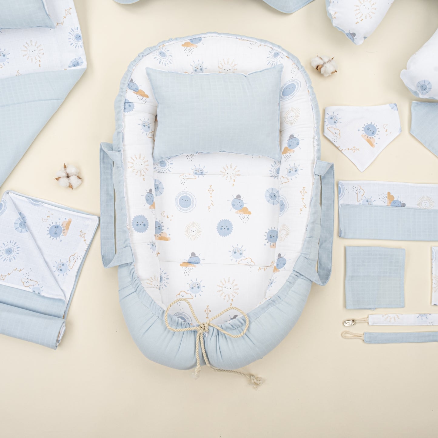 18 Parça Full Set - Çift Taraflı - Bebe Mavi Muslin - Mavi Güneş