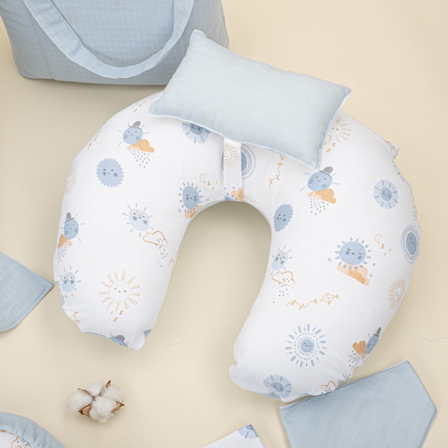 18 Parça Full Set - Çift Taraflı - Bebe Mavi Muslin - Mavi Güneş