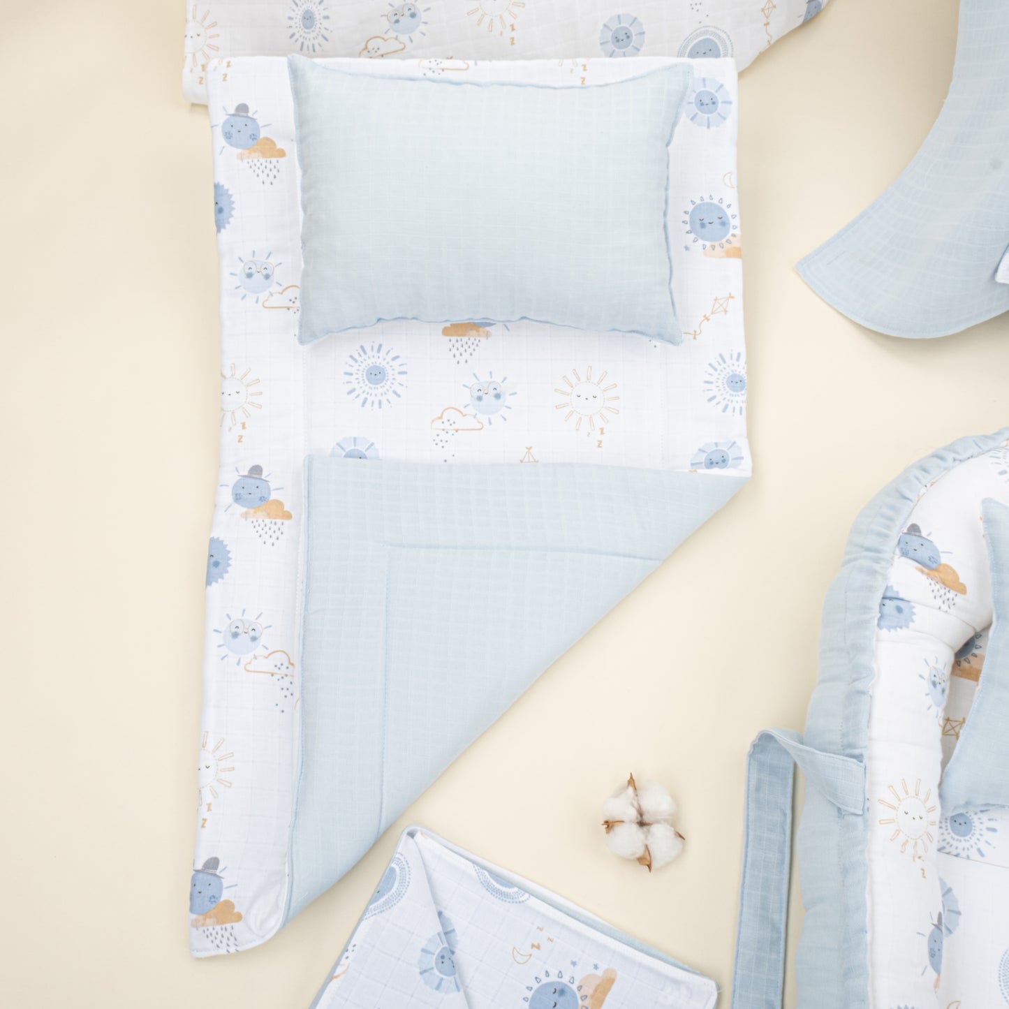 18 Parça Full Set - Çift Taraflı - Bebe Mavi Muslin - Mavi Güneş