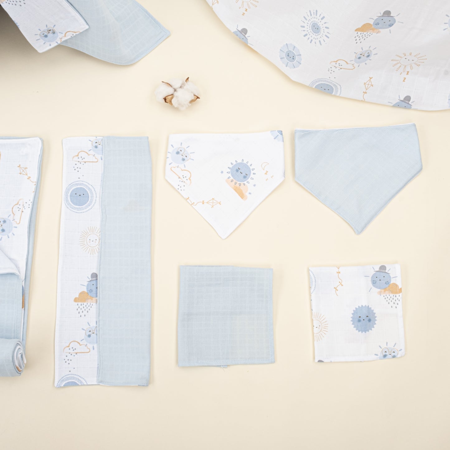 9 Parça Avantajlı Set - Çift Taraflı - Bebe Mavi Muslin - Mavi Güneş