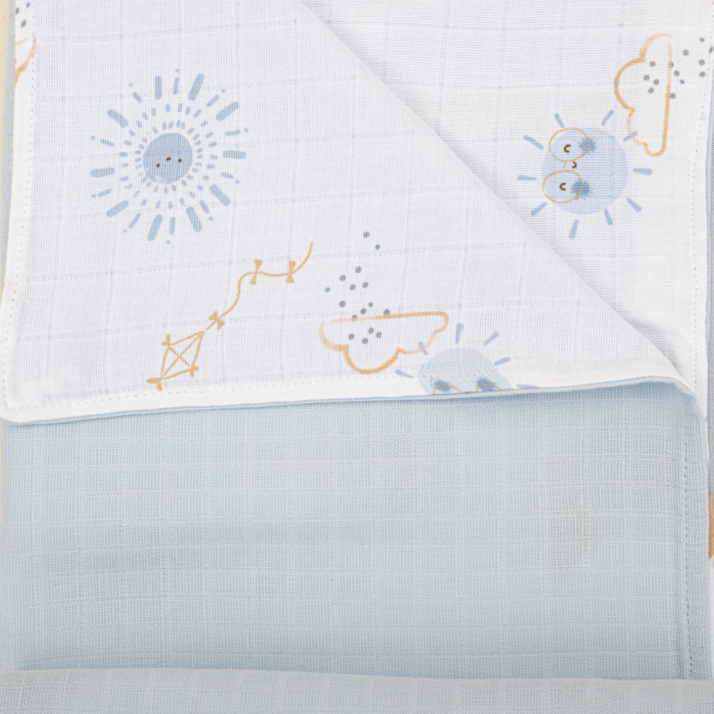 Çift Taraflı Muslin Örtü - Bebe Mavi Muslin - Mavi Güneş