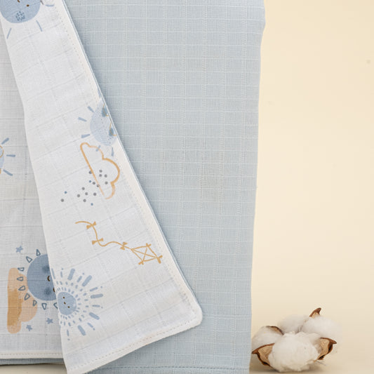 Çift Taraflı Muslin Örtü - Bebe Mavi Muslin - Mavi Güneş