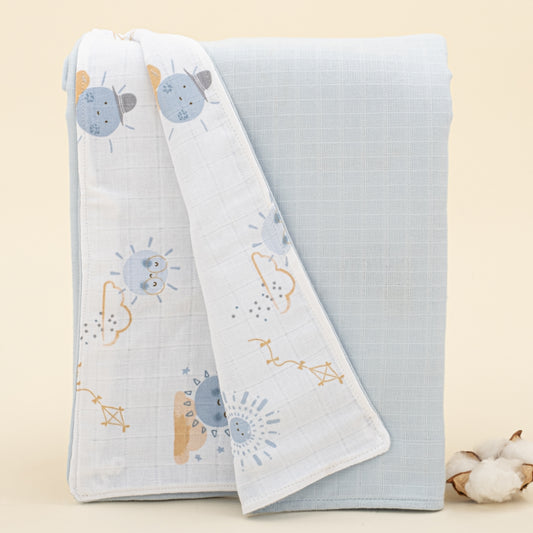 Çift Taraflı Muslin Örtü - Bebe Mavi Muslin - Mavi Güneş