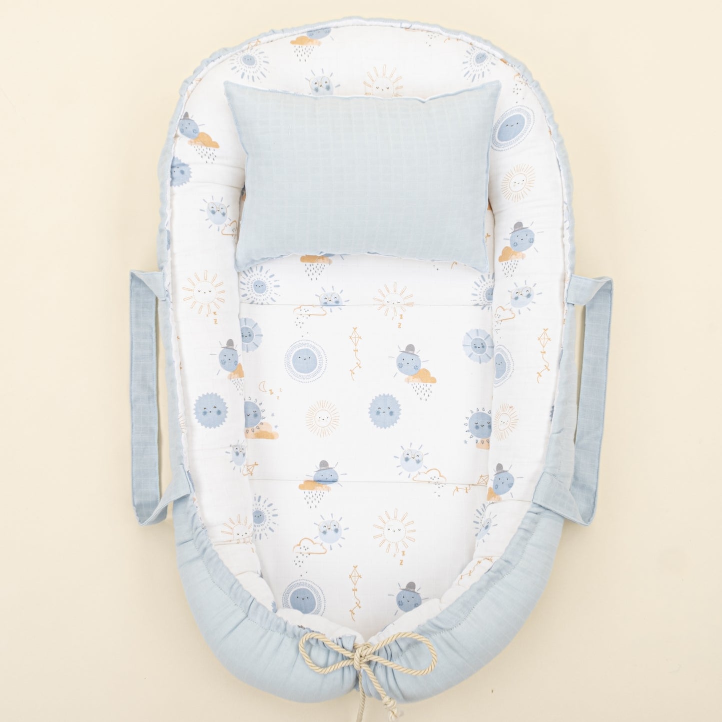 Babynest ve Yastık - Çift Taraflı - Bebe Mavi Muslin - Mavi Güneş