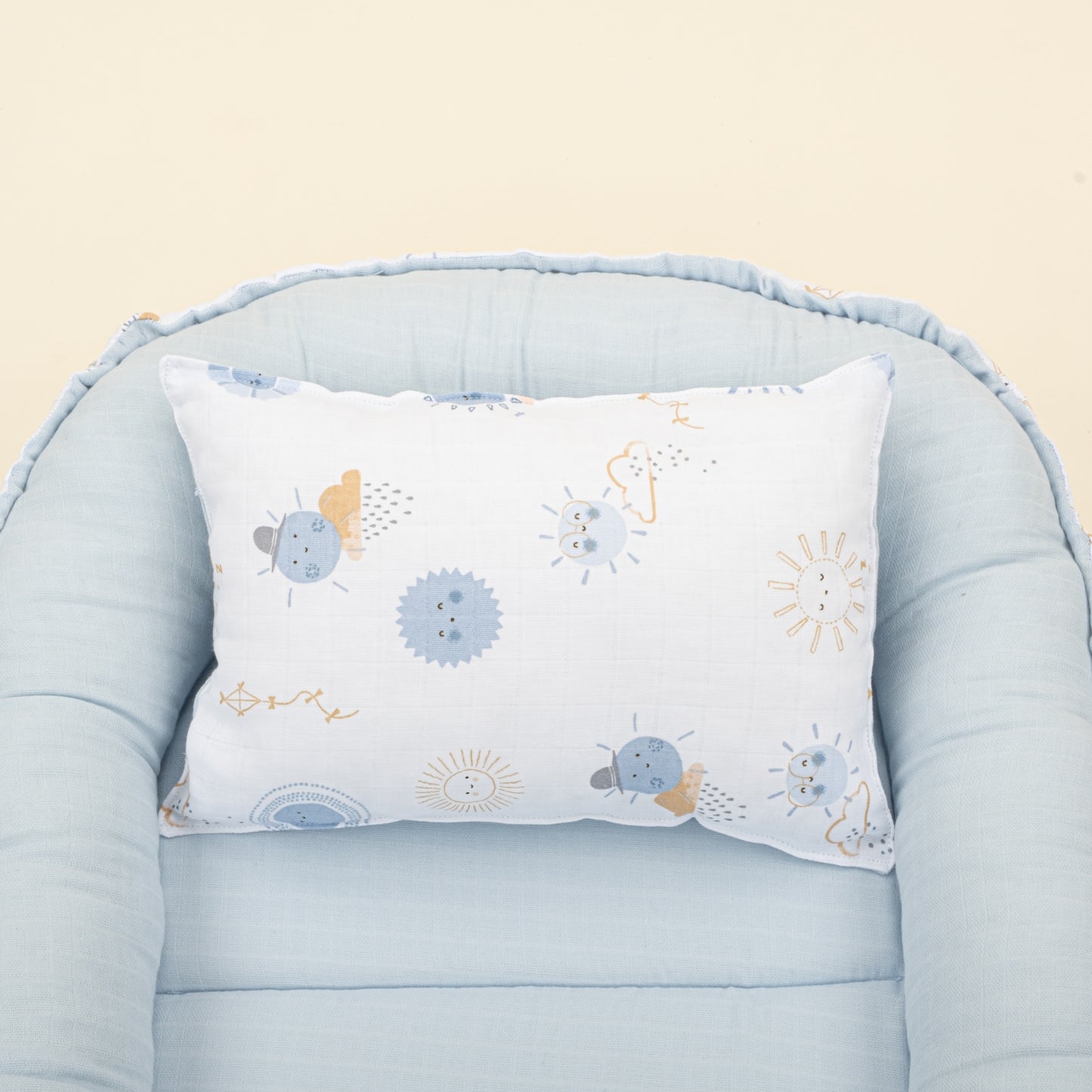 Babynest ve Yastık - Çift Taraflı - Bebe Mavi Muslin - Mavi Güneş
