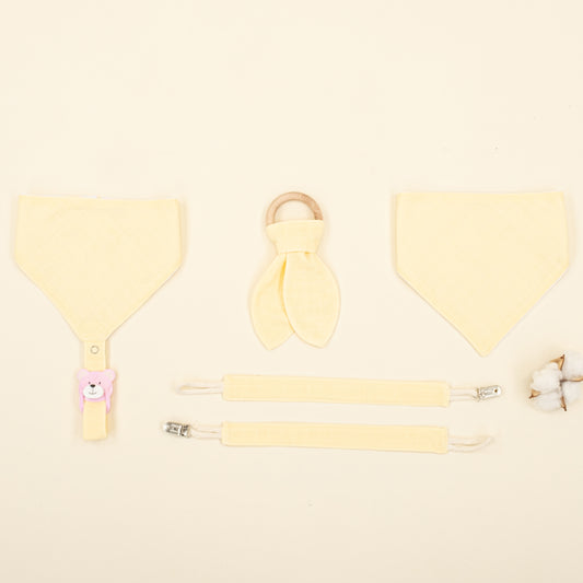 Diş Kaşıyıcı - Emzik Askısı - Salya Önlük Seti - Sarı Muslin