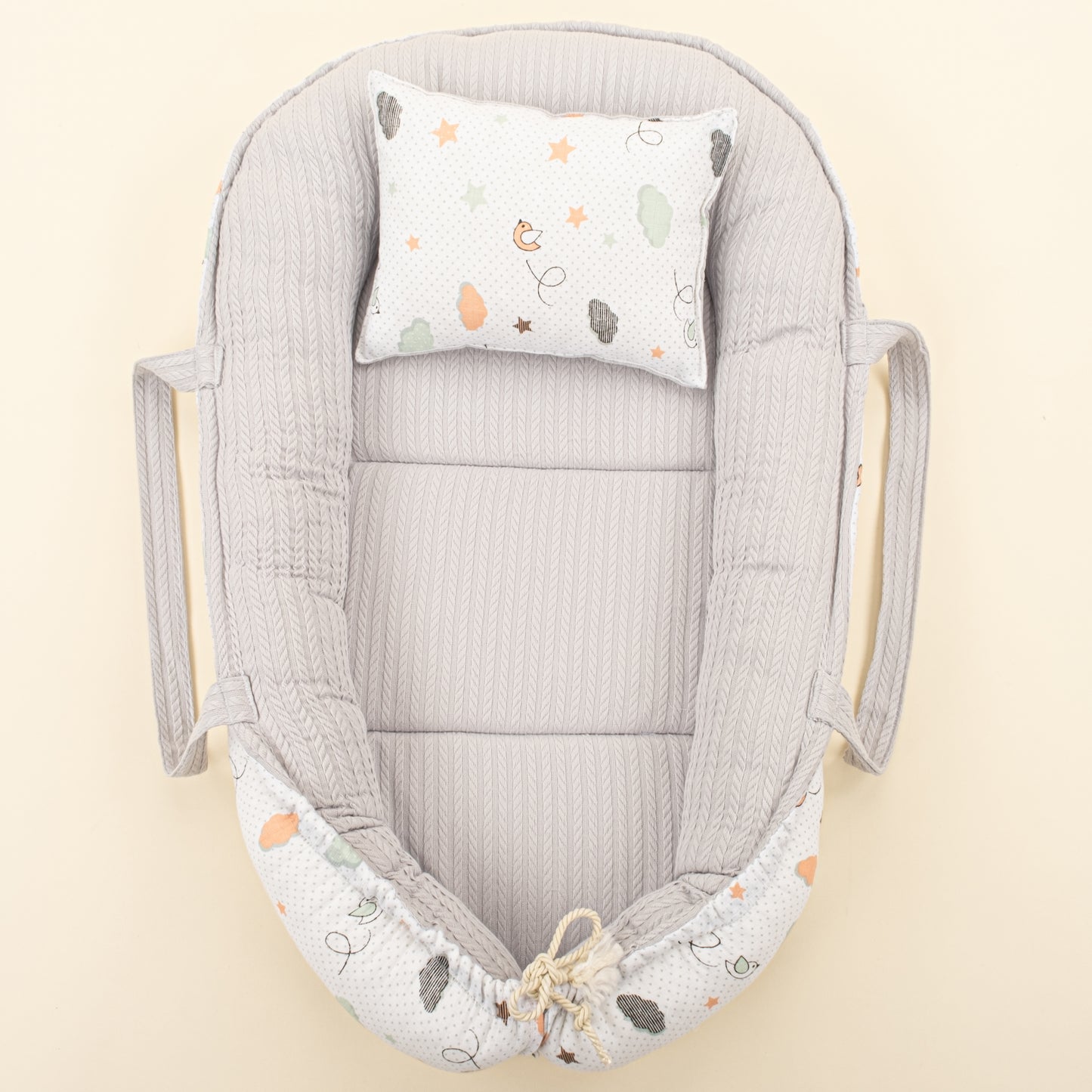 Babynest ve Yastık- Çift Taraflı - Açık Gri Örgü - Kuş