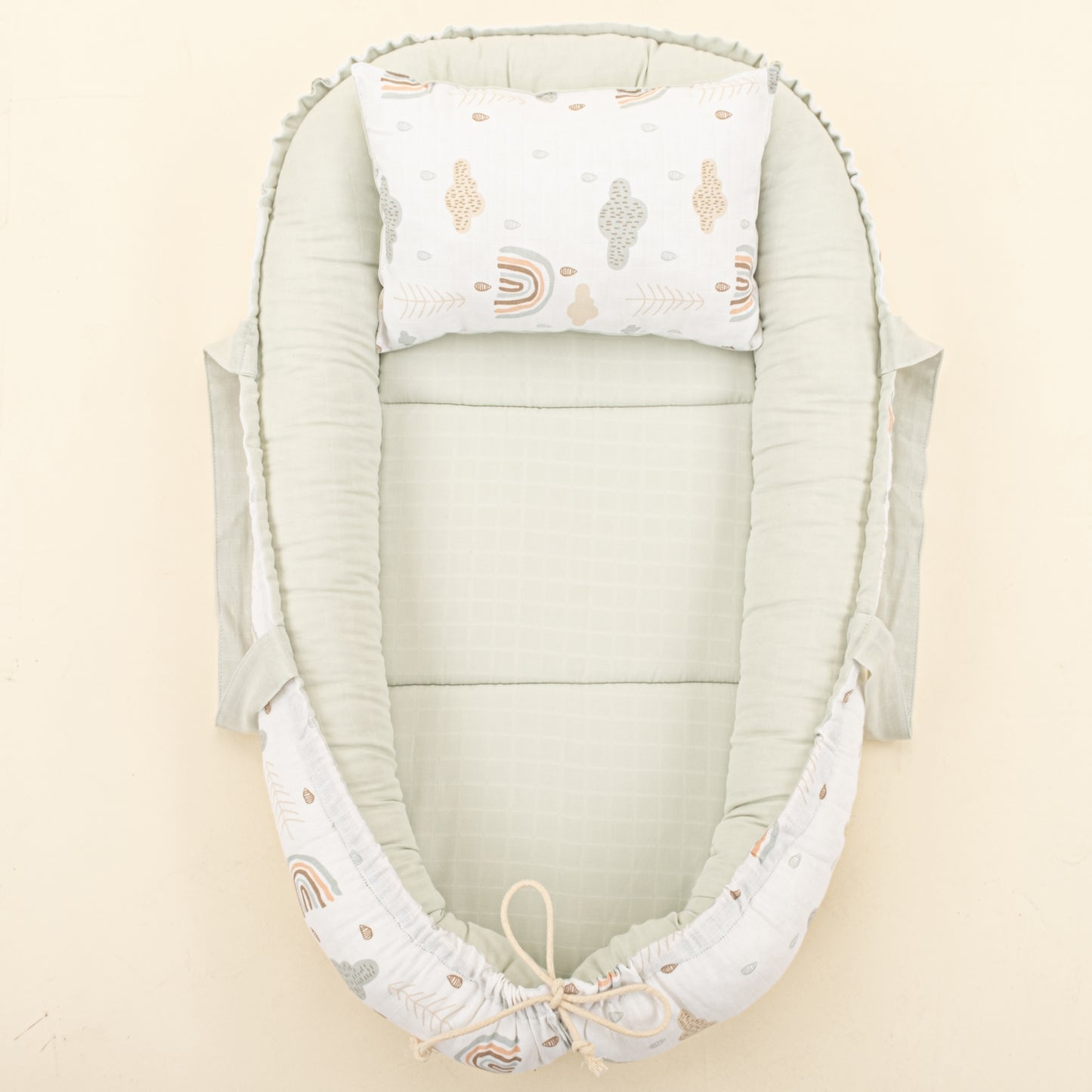 Babynest ve Yastık - Çift Taraflı - Açık Yeşil Muslin - Yeşil Gökkuşağı