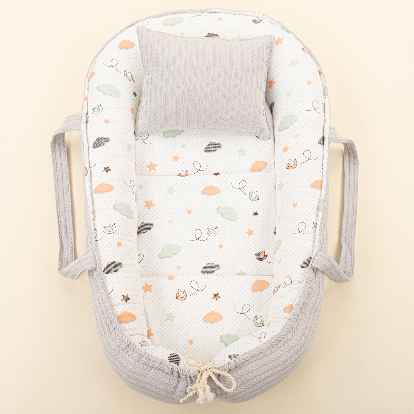 Babynest ve Yastık- Çift Taraflı - Açık Gri Örgü - Kuş