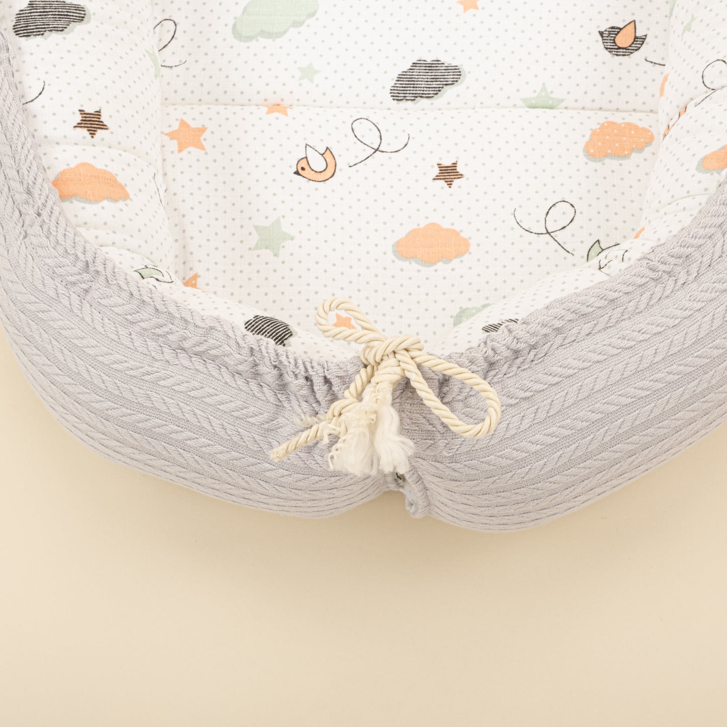 Babynest ve Yastık- Çift Taraflı - Açık Gri Örgü - Kuş