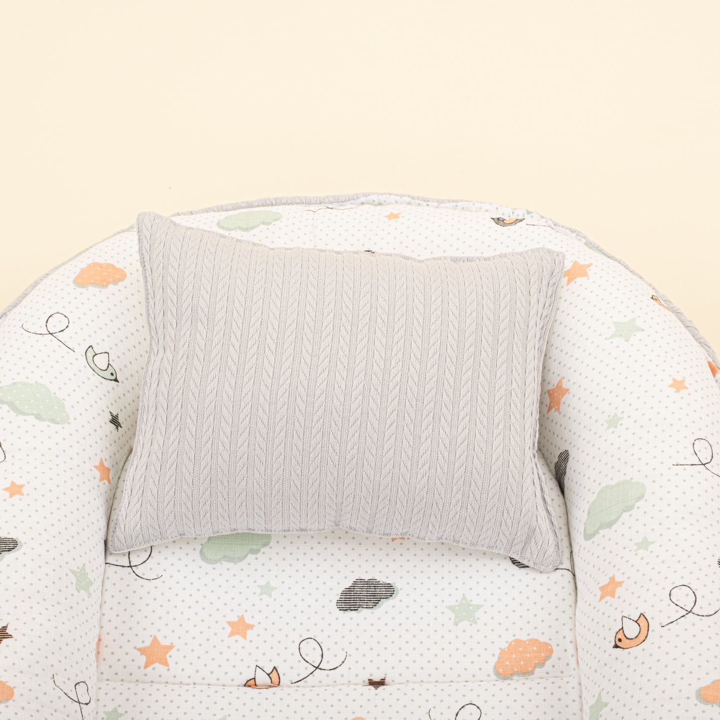 Babynest ve Yastık- Çift Taraflı - Açık Gri Örgü - Kuş