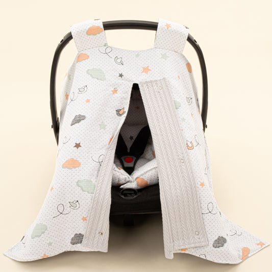 Puset Seti - Çift Taraflı - Açık Gri Örgü - Kuş