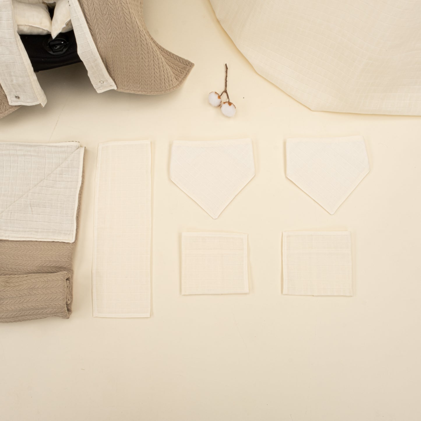 9 Parça Avantajlı Set - Çift Taraflı - Taş Örgü - Krem Muslin