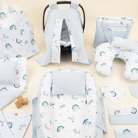 18 Parça Full Set - Çift Taraflı - Bebe Mavisi Muslin - Mavi Gökkuşağı