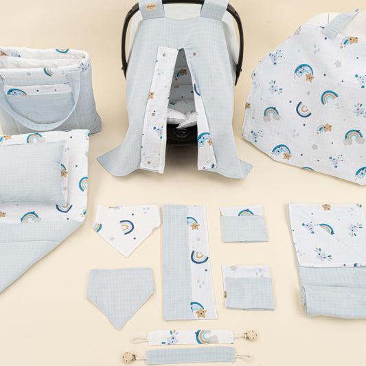 14 Parça Avantajlı Set - Çift Taraflı - Bebe Mavisi Muslin - Mavi Gökkuşağı