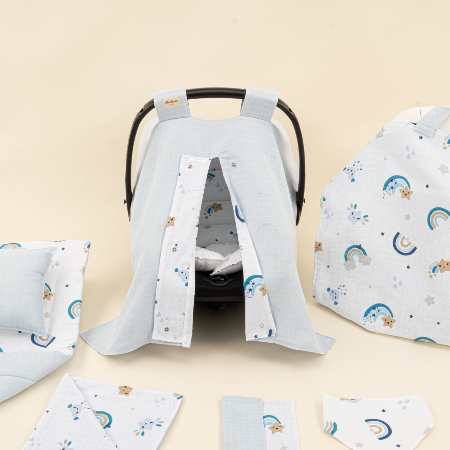 11 Parça Avantajlı Set - Çift Taraflı - Bebe Mavisi Muslin - Mavi Gökkuşağı
