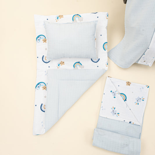 11 Parça Avantajlı Set - Çift Taraflı - Bebe Mavisi Muslin - Mavi Gökkuşağı