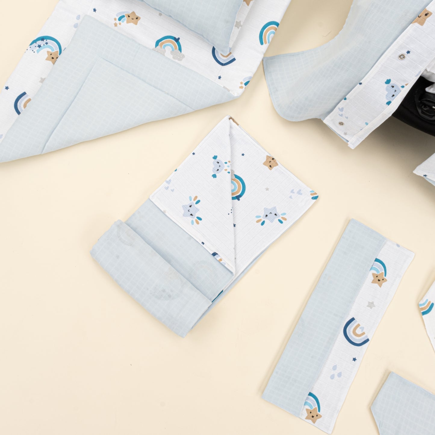 11 Parça Avantajlı Set - Çift Taraflı - Bebe Mavisi Muslin - Mavi Gökkuşağı