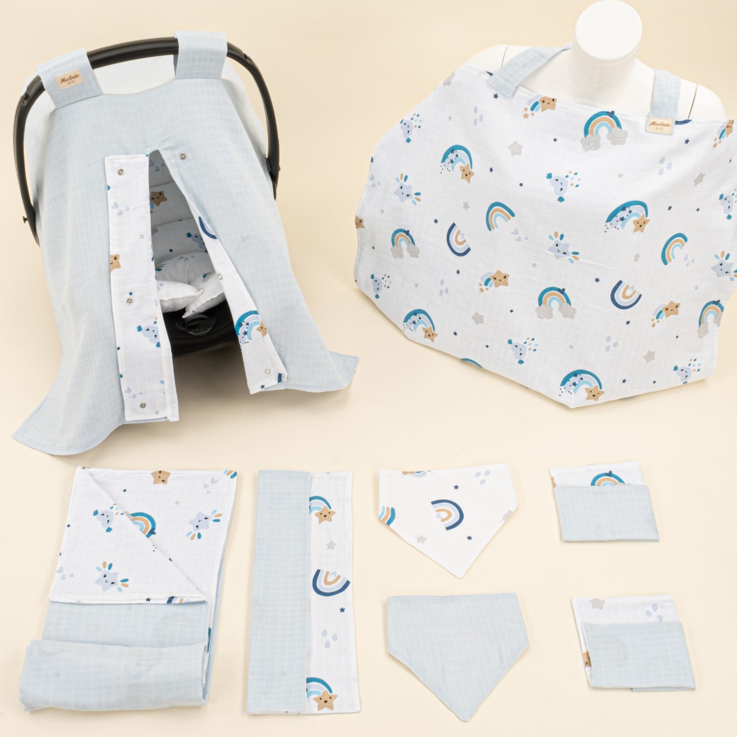 9 Parça Avantajlı Set - Çift Taraflı - Bebe Mavisi Muslin - Mavi Gökkuşağı