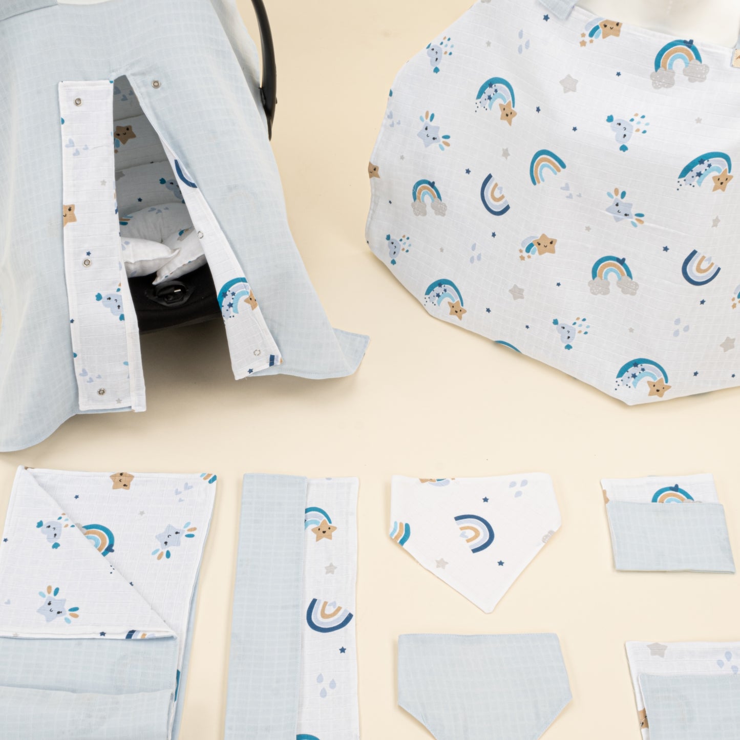 9 Parça Avantajlı Set - Çift Taraflı - Bebe Mavisi Muslin - Mavi Gökkuşağı