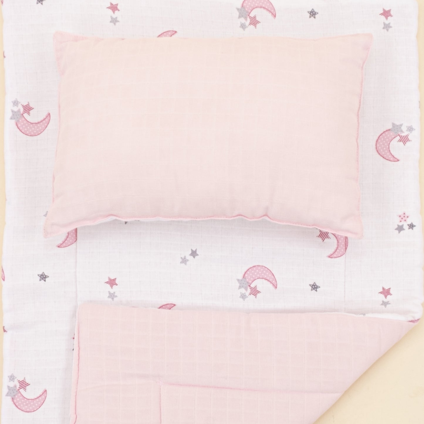 Alt Açma Matı ve Yastık - Çift Taraflı - Bebe Pembe Muslin - Pembe Ay