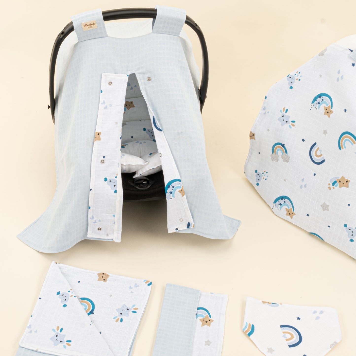 9 Parça Avantajlı Set - Çift Taraflı - Bebe Mavisi Muslin - Mavi Gökkuşağı
