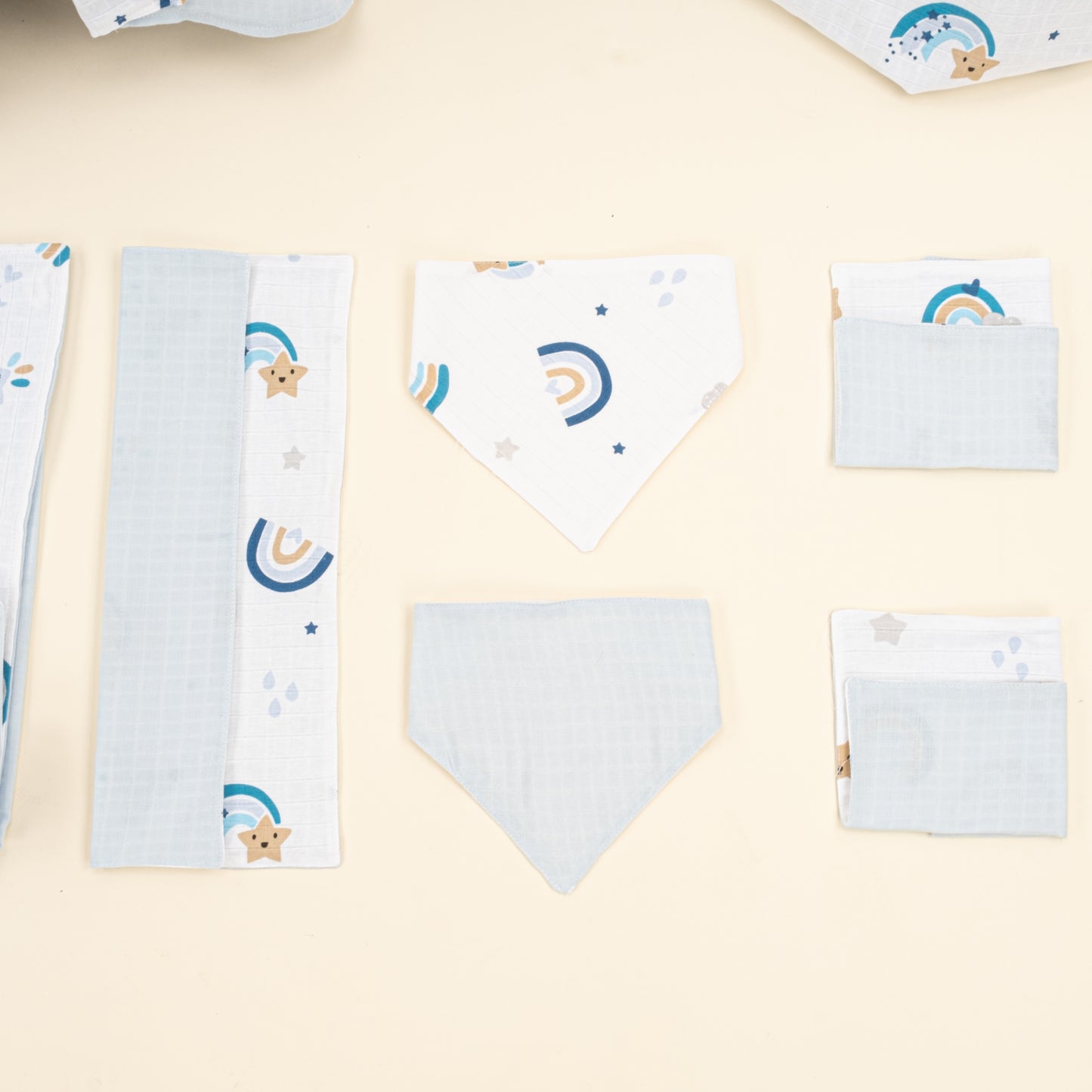 9 Parça Avantajlı Set - Çift Taraflı - Bebe Mavisi Muslin - Mavi Gökkuşağı
