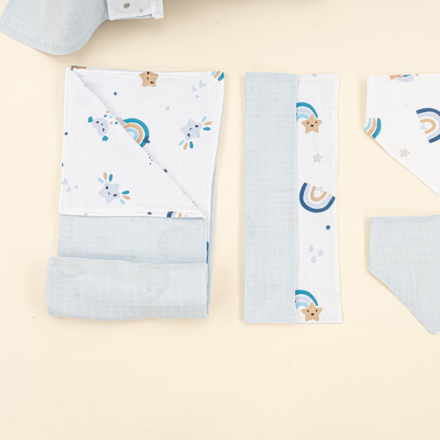 9 Parça Avantajlı Set - Çift Taraflı - Bebe Mavisi Muslin - Mavi Gökkuşağı